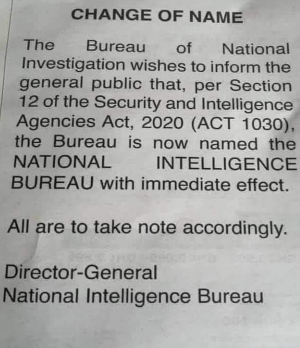 BNI changes name to National Intelligence Bureau