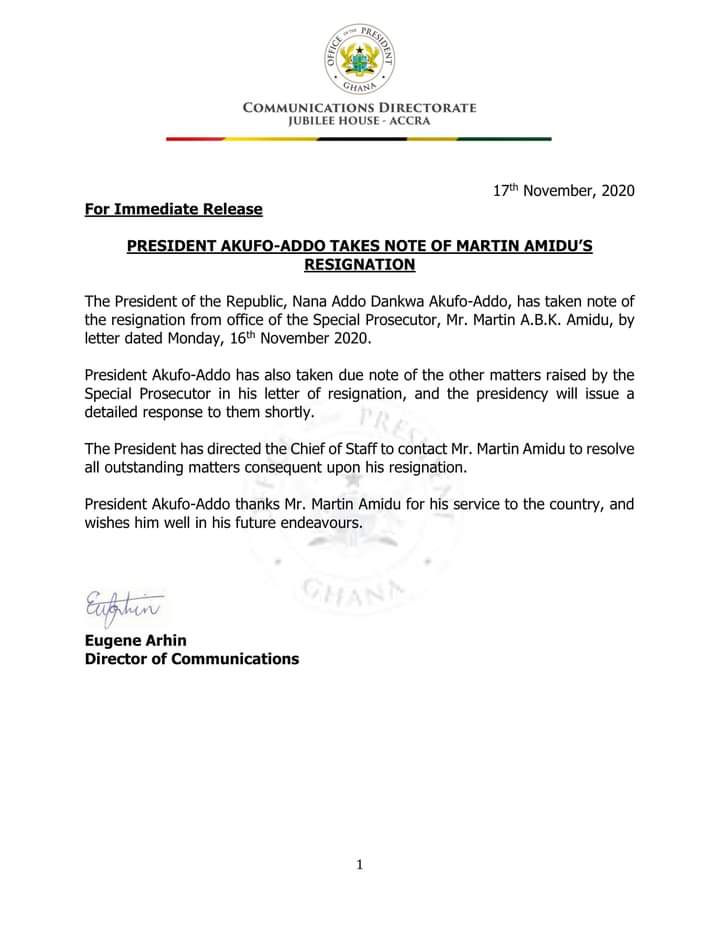 Akufo-Addo accepts Martin Amidu’s resignation as Special Prosecutor