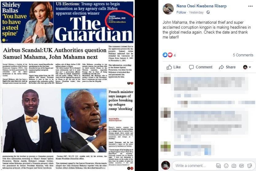 Fact-check: John Mahama was not featured on Guardian newspaper’s frontpage over Airbus scandal