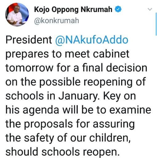 Akufo-Addo meets cabinet tomorrow on possible school reopening – Oppong Nkrumah