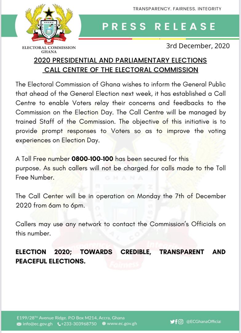 EC establishes call centre to address concerns of voters on election voting day