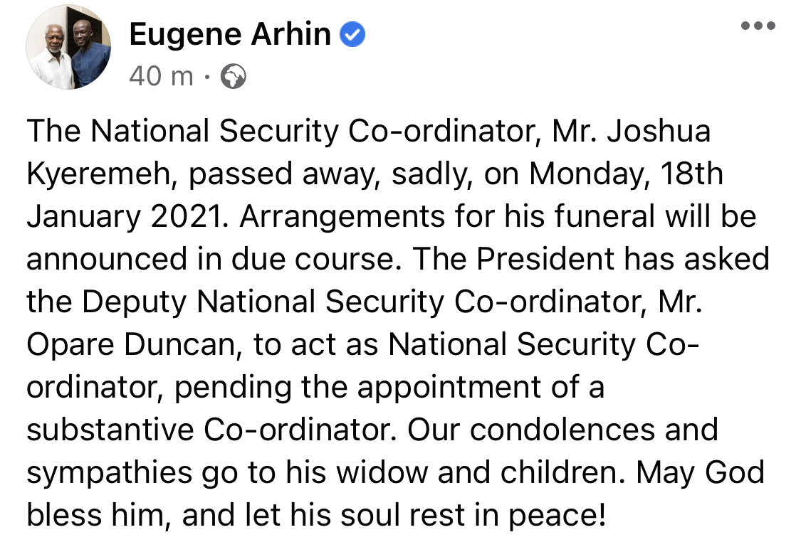 Opare Duncan to act as National Security Coordinator after death of Joshua Kyeremeh