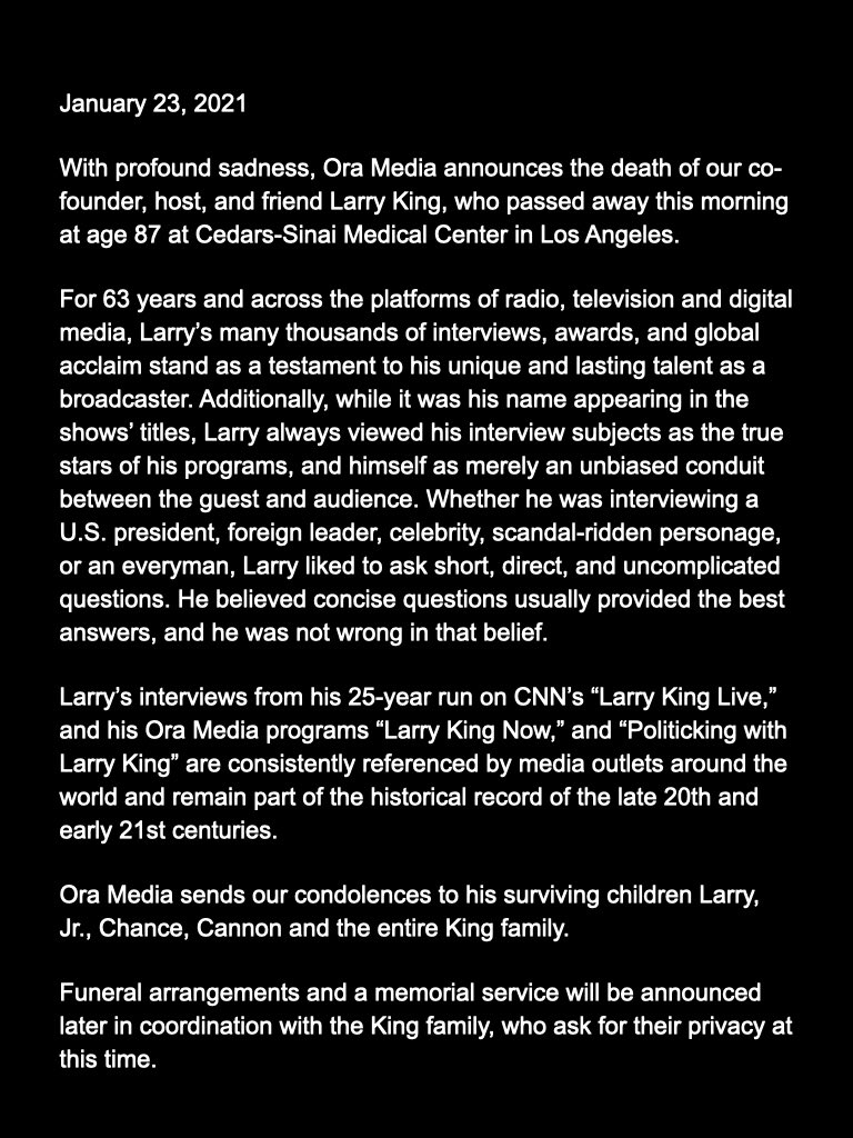 Veteran US broadcaster Larry King dead at 87