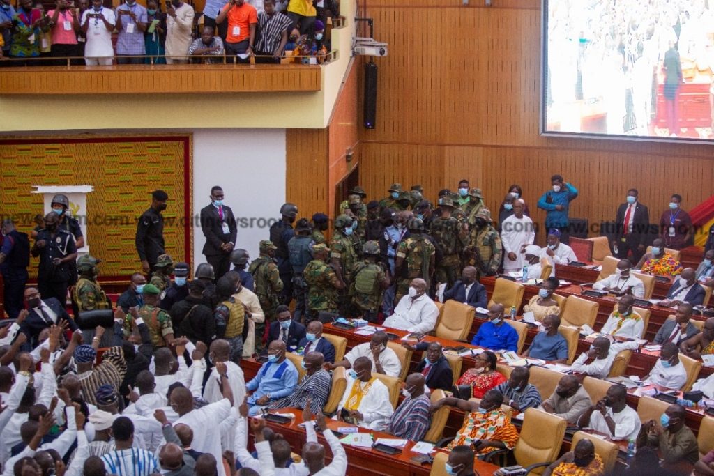 NDC, NPP MPs in standoff as soldiers storm Parliament over chaotic voting process