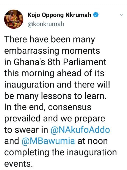 Events preceding inauguration of 8th Parliament embarrassing – Oppong Nkrumah