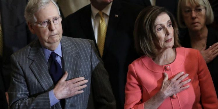 Republican Mitch McConnell is the Senate majority leader, while Democrat Nancy Pelosi is the House Speaker