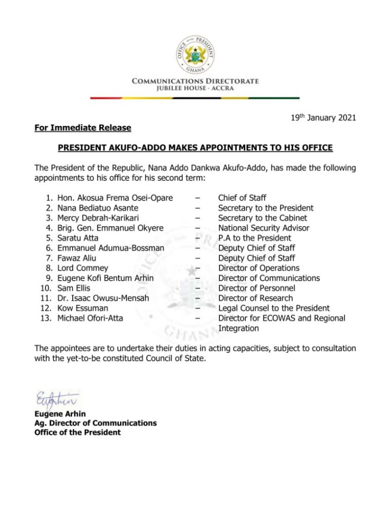 Eugene Arhin, Frema Osei-Opare, others maintain portfolios in new appointments