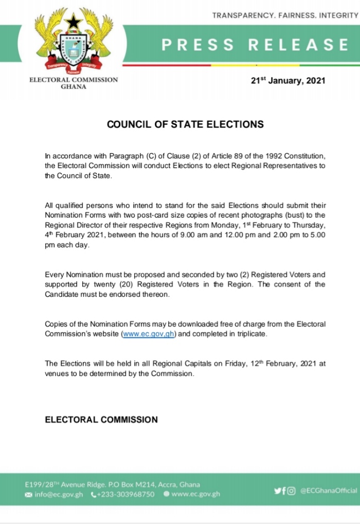 EC opens nominations for Council of State elections