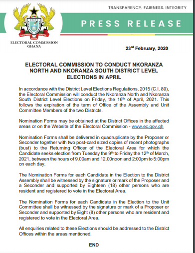 EC to hold Nkoranza North, South, district level elections on April 16