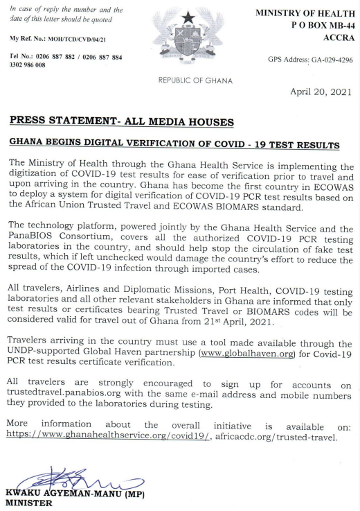Ghana begins digital verification of COVID-19 test results