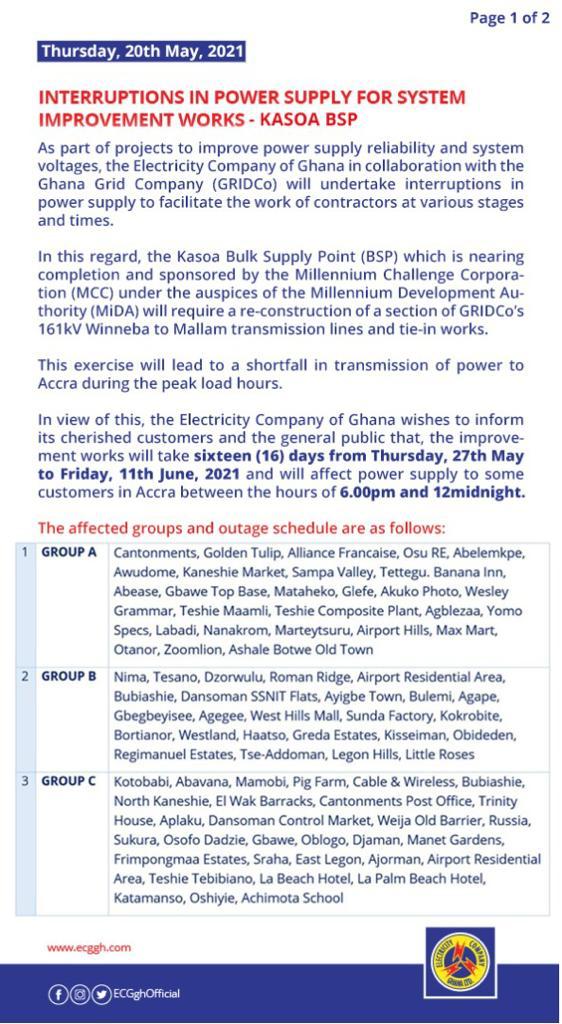 Load shedding time-table released for other parts of Accra