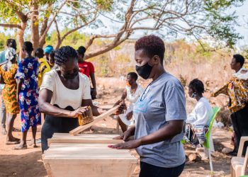 Beneficiaries being trained on building honeybee trap box in Senya Beraku