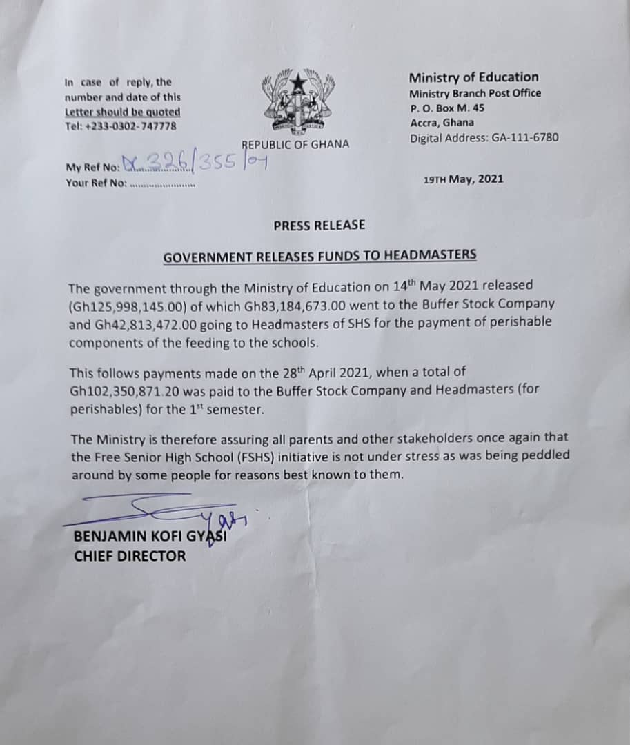 Government releases over GHS125 million for feeding of SHS students