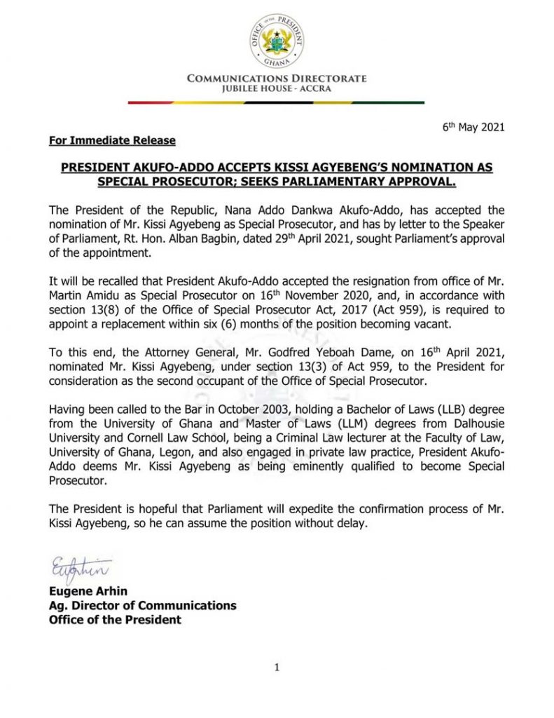 Akufo-Addo accepts Kissi Agyebeng’s nomination as Special Prosecutor