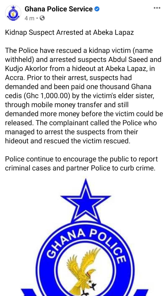 Two persons arrested over alleged kidnapping at Abeka Lapaz