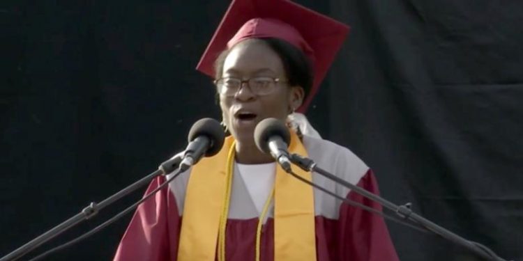 Verda Tetteh speaking at her high school graduation ceremony in Fitchburg, Massachusetts,on Friday, June 4