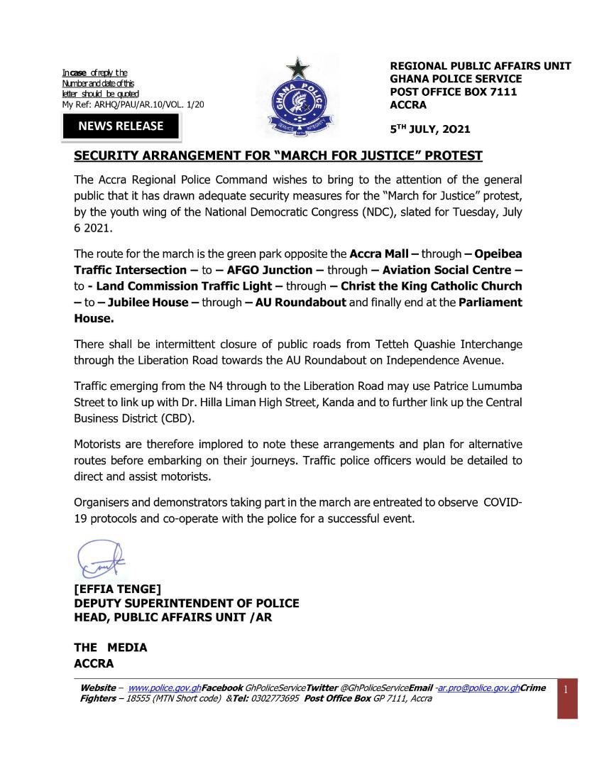 Police to close roads for NDC’s ‘march for justice’ demo on Tuesday
