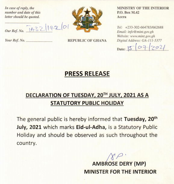 July 20 declared public holiday to celebrate Eid-ul-Adha