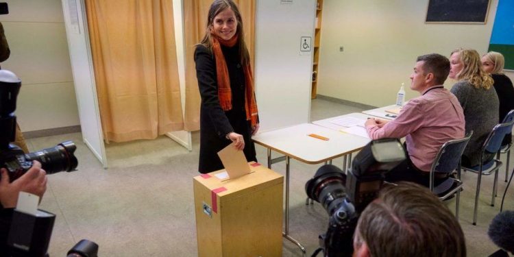 Iceland's Prime Minister Katrin Jakobsdottir casting her vote on Saturday.