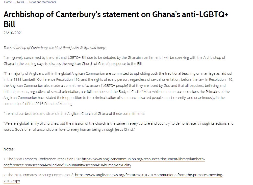 ‘I’m gravely concerned about Ghana’s anti-LGBTQI bill’ – Archbishop of Canterbury