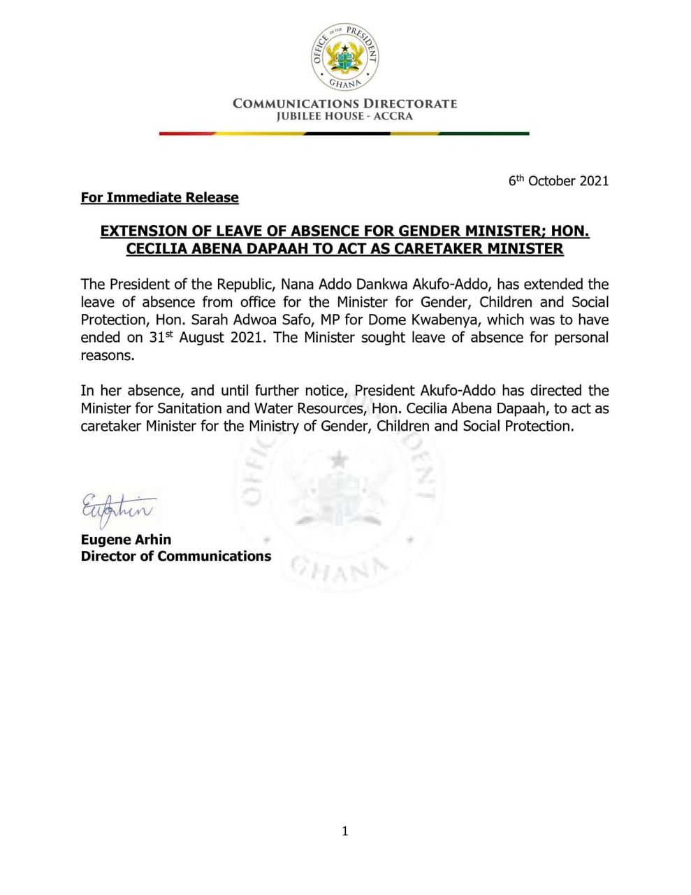 Cecilia Dapaah now caretaker Gender Minister as Adwoa Safo’s leave of absence is extended