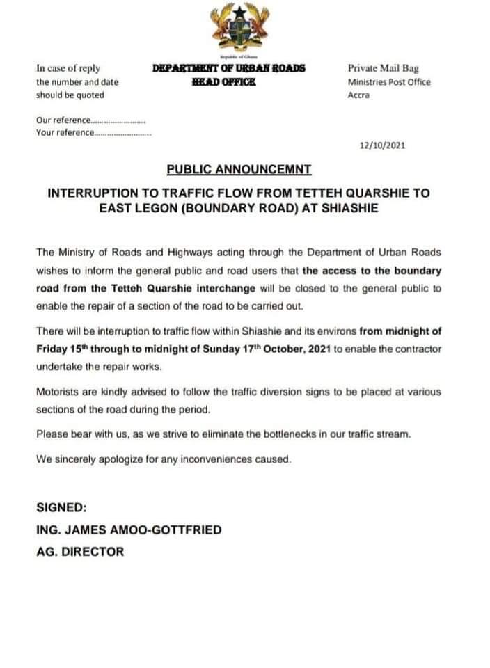Road repair works to interrupt traffic flow around Shiashie from 15th-17th October