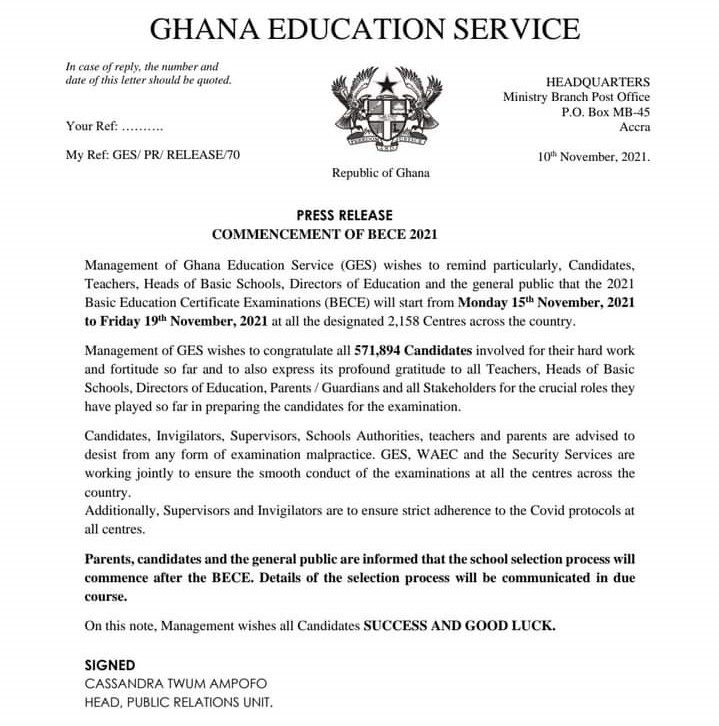 2021 BECE begins today with over 571,0000 candidates