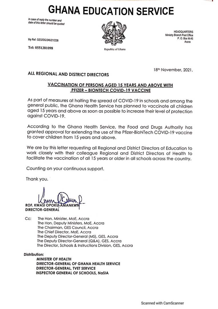 COVID-19: GHS to start vaccinating students aged 15 and above with Pfizer