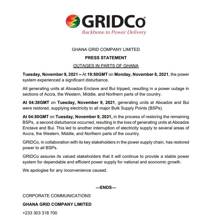 ‘Significant disturbance’ in our systems caused Monday night outages – GRIDCo
