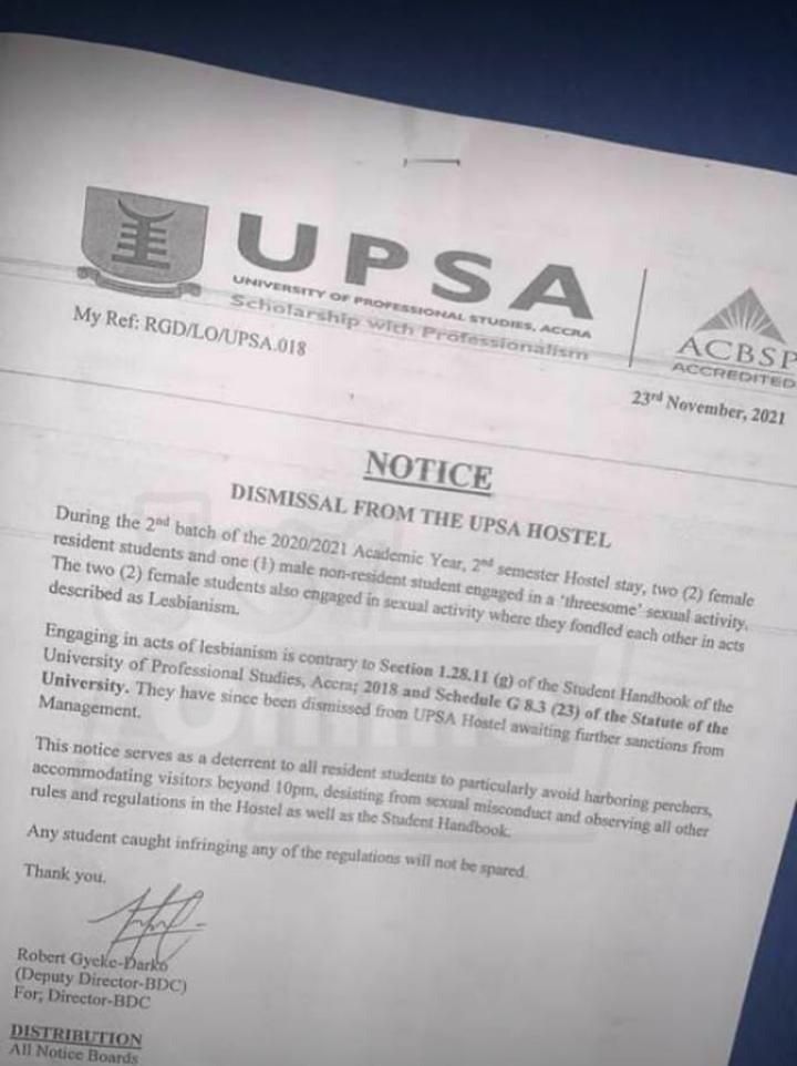 UPSA sacks 2 students from its hostel for allegedly engaging in lesbianism