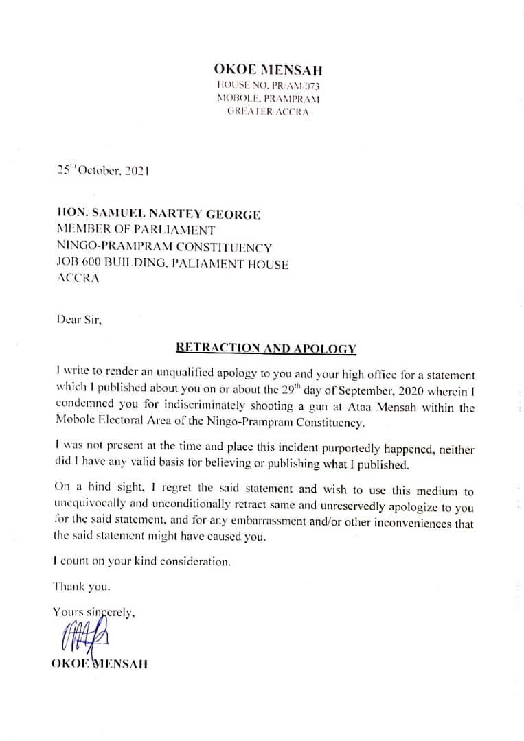 Okoe Mensah apologises to Sam George and retracts false and defamatory publication