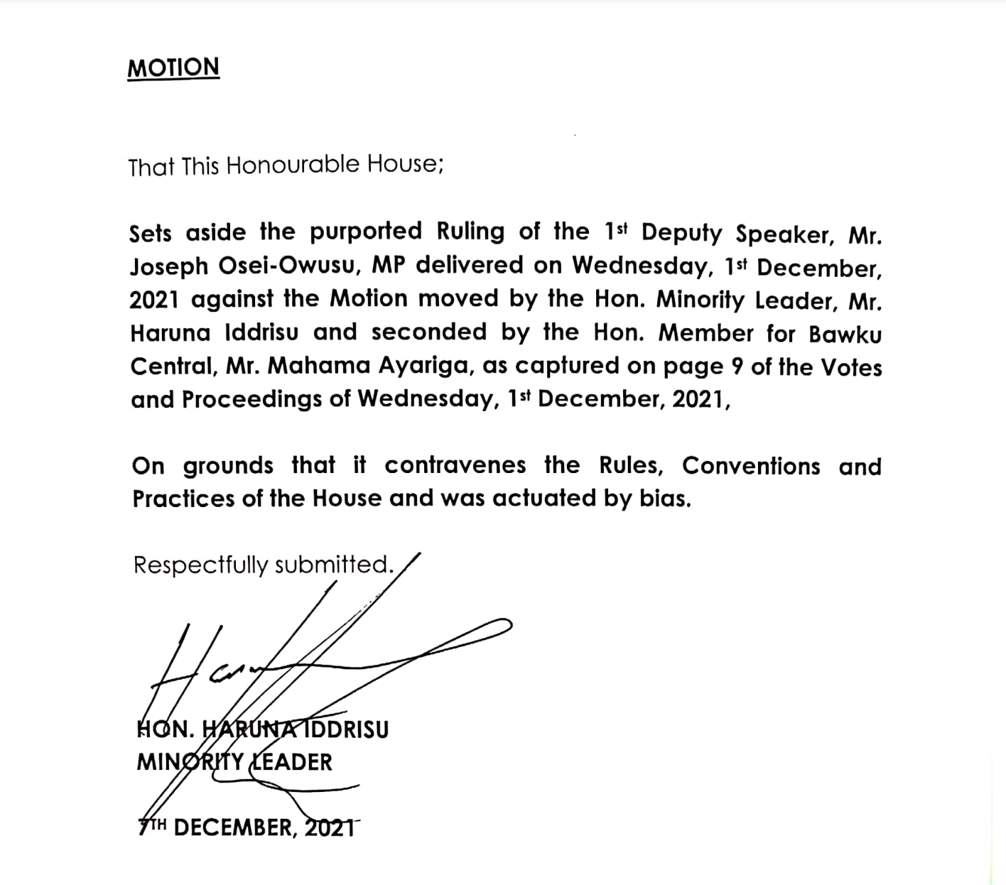 Minority files motion for rejection of 1st Deputy Speaker’s ruling on 2022 Budget