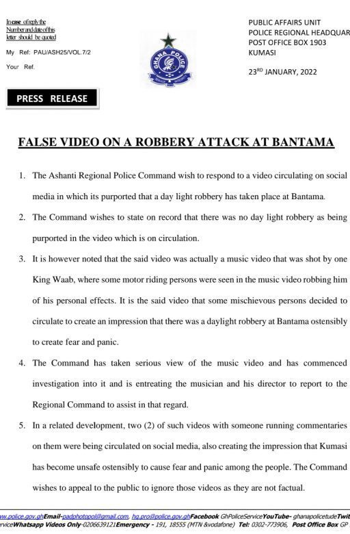 Reports of daylight robbery in Bantama false – Police