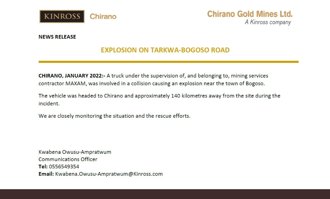 Bogoso: Exploded truck was heading to our site – Chirano Gold Mines