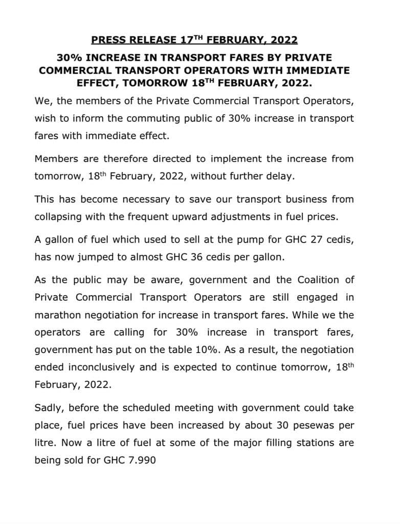 Commercial transport operators to increase fares by 30% tomorrow