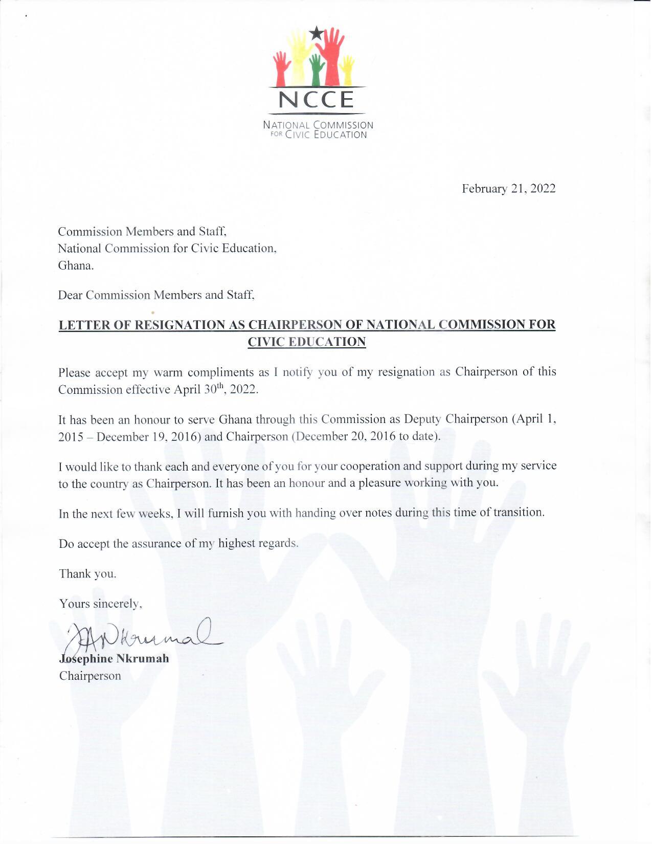 Josephine Nkrumah resigns as Chairperson of NCCE 