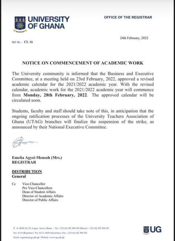 UG to commence lectures on Feb. 28 following suspension of UTAG strike