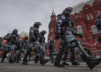 Riot police at a demonstration in Moscow on Sunday