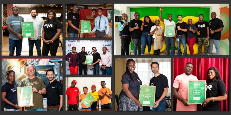 Caption to be used: Management and staff of Bolt Food in Ghana pose with the top 8 winners of the inaugural Bolt Food Restaurant Awards in Accra