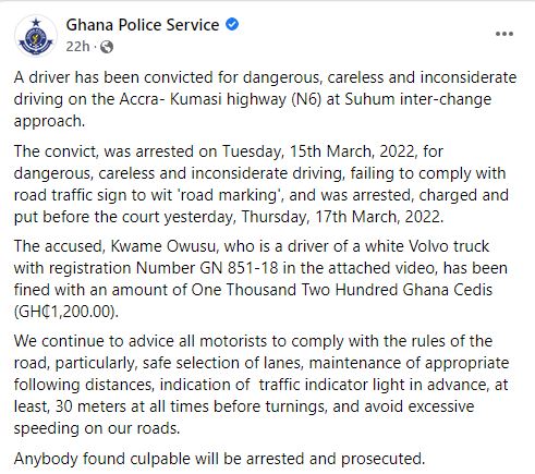 Man fined GH¢1,200 for careless driving on Accra-Kumasi highway