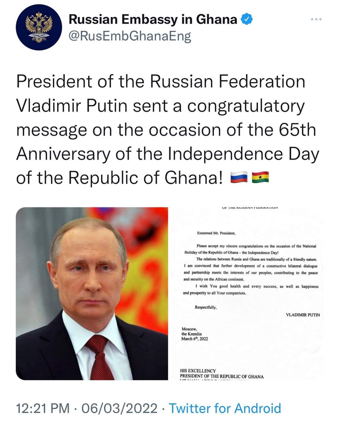 Putin congratulates Ghana on 65th Independence Day anniversary