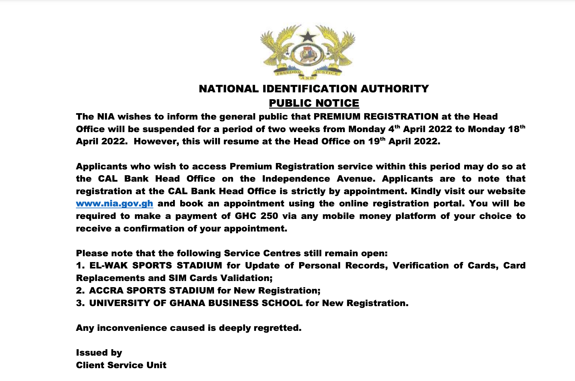 NIA temporarily suspends premium registration services at its head office