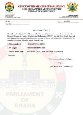 Sissala West MP to assist KNUST students from his constituency to pay their fees