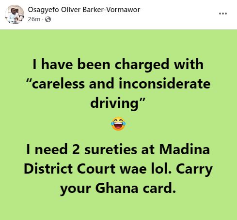 ‘I’ve been charged with careless, inconsiderate driving’- Oliver Barker-Vormawor