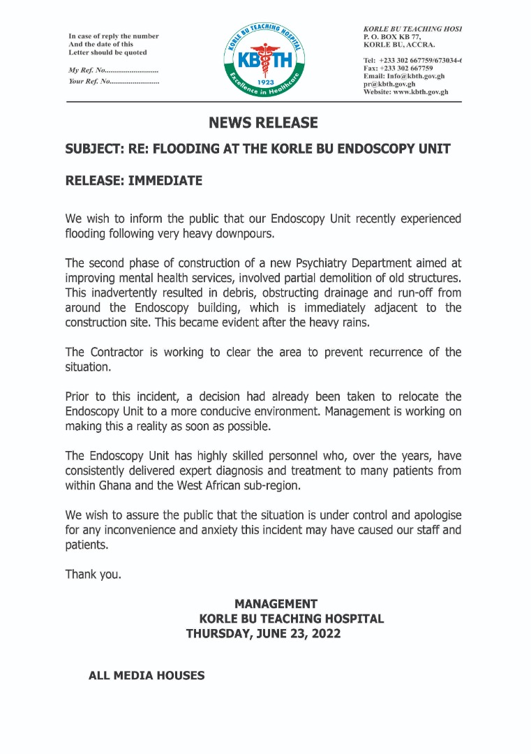 Korle Bu apologizes over flooding at its Endoscopy Unit