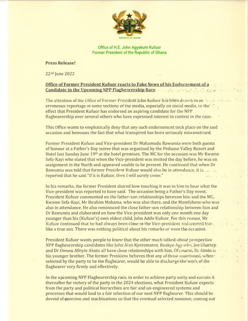 Kufuor hasn’t endorsed Bawumia as NPP flagbearer – Aide