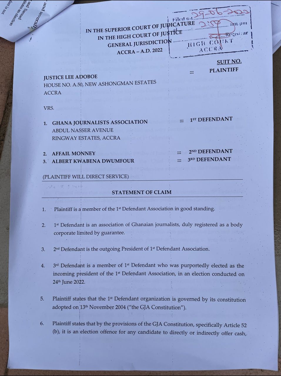 A Journalist Obtains An Injunction To Prevent The Swearing-In Of The New GJA President.