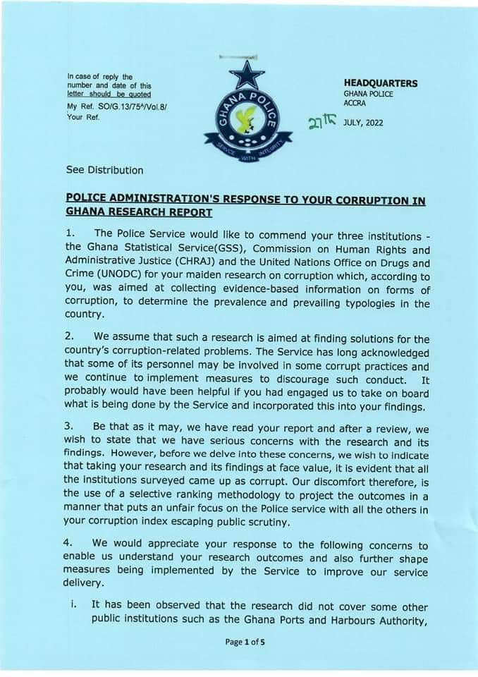 Ghana Police Service reacts to reports labeling it as most corrupt institution