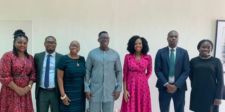 From left to right: Rita Boateng, Customer Experience & Marketing Executive, Old Mutual Ghana; Albert Oko Dagadu, Head of Technical, Old Mutual Ghana; Helen Amarquaye, Board Chair, Old Mutual Ghana; Dr. Justice Ofori, Commissioner of Insurance; Seli Gbordzi, Head of Risk and Compliance, Old Mutual Ghana; Tavona Biza, Group CEO, Old Mutual Ghana; and Stella Jonah, Head of Supervision, NIC.