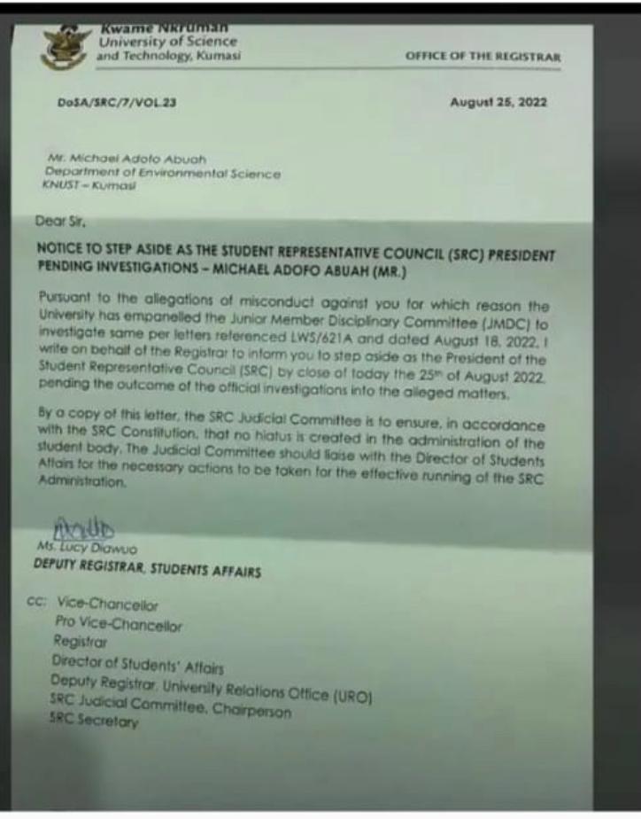 KNUST SRC President ordered to step aside over allegations of misconduct
